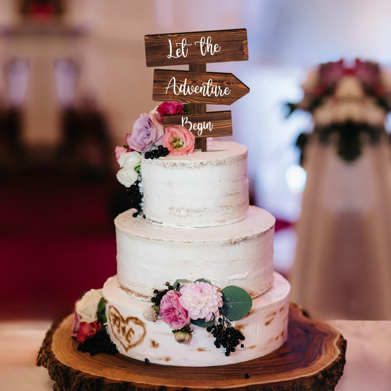 Party to Be Let the Adventure Begin Cake Topper in Wood Rustic Cake Decoration for Wedding & Baby Shower - Image 4